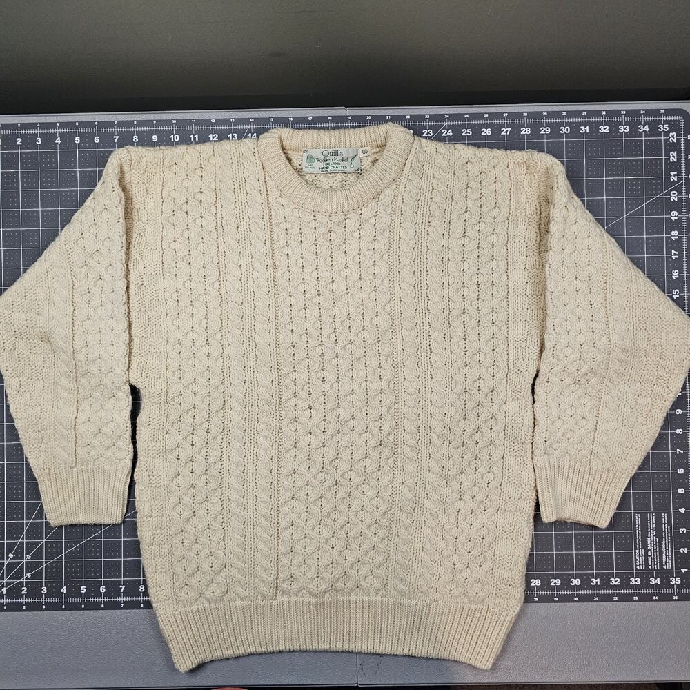 Quills Woollen Cable Knit Wool Sweater Small Cream Ireland Fisherman Vintage